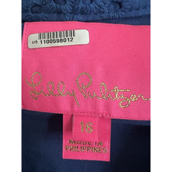 LILLY PULITZER Navy Oyster Bay Hazelanne Eyelet Sunflower Button Front Dress 16 - Picture 10 of 14